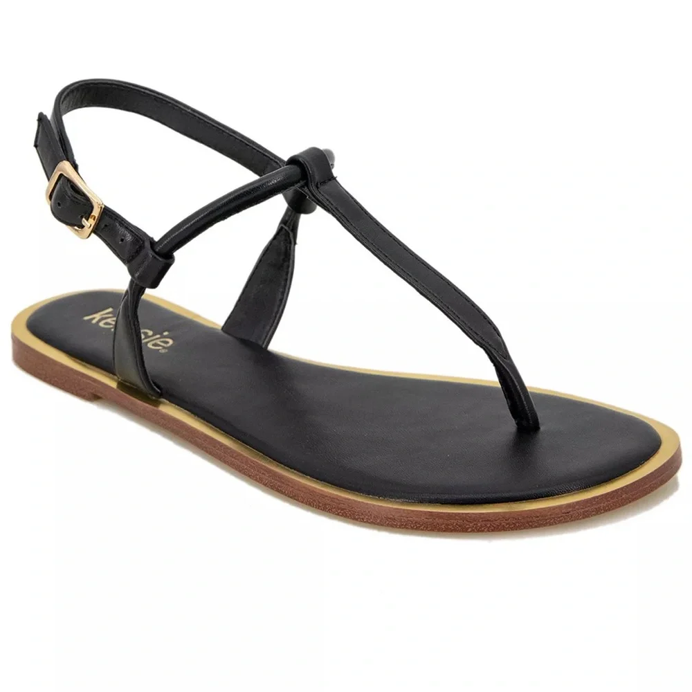 Kensie Black Bradie Metallic Gold Rim Thong Slingback‎ Sandals
